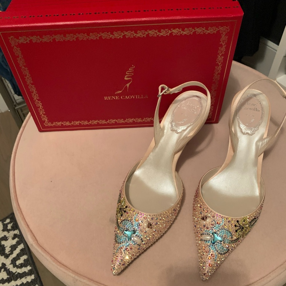 Rene Caovilla crystal beaded satin pumps